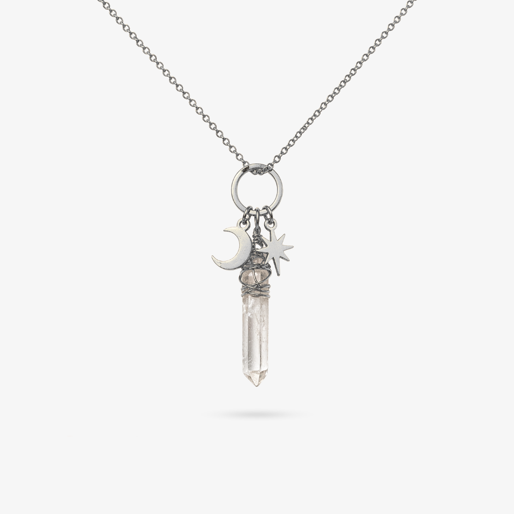 SAGA • Edelstahl Kette mit Bergkristall, Mond & Stern