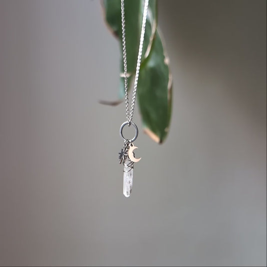 SAGA • Edelstahl Kette mit Bergkristall, Mond & Stern