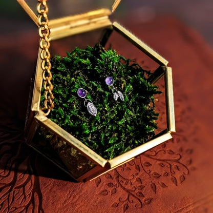 SPELLLEAF - Ohrringe | 925 Silber & 999 Silber, Stecker mit Amethyst und Blattanhänger