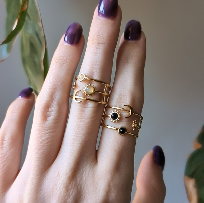 CASSIA ✦ Edelstahl Ring mit Sonne, Mond & Stern, größenverstellbar