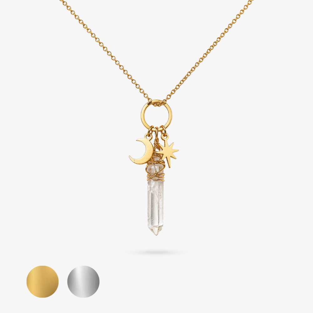 SAGA • Edelstahl Kette mit Bergkristall, Mond & Stern